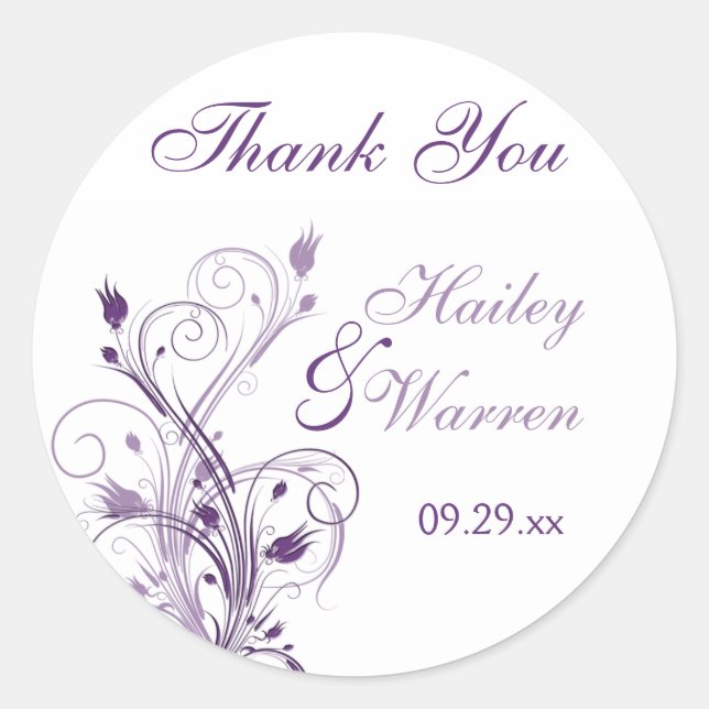 Purple and White Floral Wedding Favor Sticker (Front)