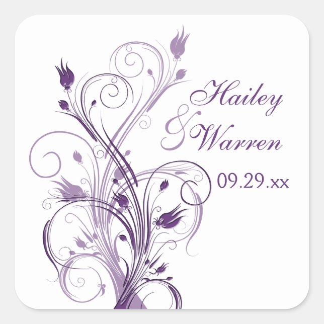 Purple and White Floral Wedding Favor Sticker (Front)