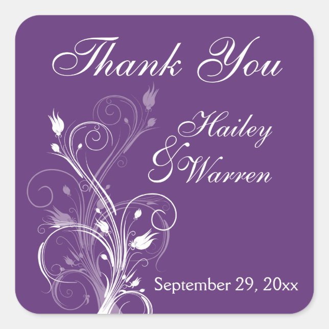 Purple and White Floral Wedding Favor Sticker (Front)