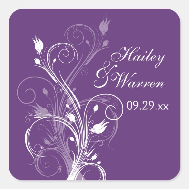 Purple and White Floral Wedding Favor Sticker 2 (Front)
