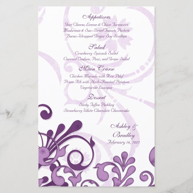Purple and White Floral Wedding Menu Card (Front)