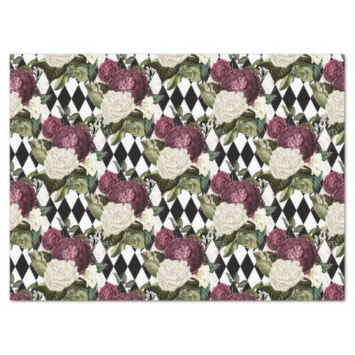 Purple and White Flowers on Checkered Decoupage Tissue Paper
