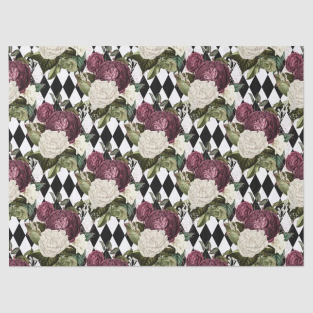 Purple and White Flowers on Checkered Decoupage Tissue Paper (Front)