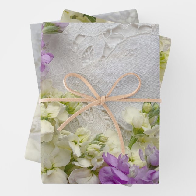 Purple and white flowers on lace wrapping paper sheets (In situ)