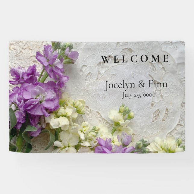 Purple and white flowers on old laces banner (Horizontal)