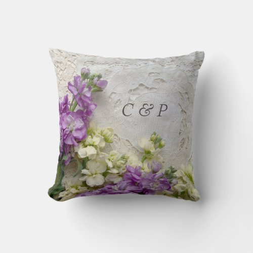 Purple and white flowers on old laces throw pillow