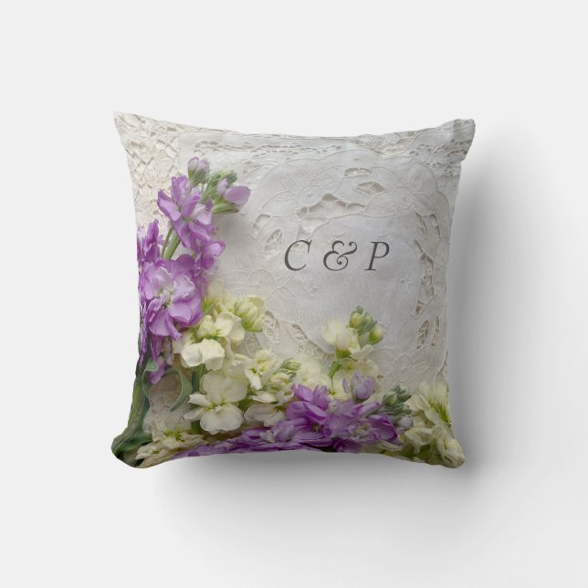 Purple and white flowers on old laces throw pillow (Front)
