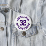 Purple and White Football Mom Jersey Number Button<br><div class="desc">Cheer on your favorite sports team, football player or just show off your school pride with a custom personalized spirit button! Add your school name or personalize with a player's name and jersey number. Perfect for football, basketball, baseball and soccer games! Create custom pins for the whole team, cheerleaders, parents...</div>