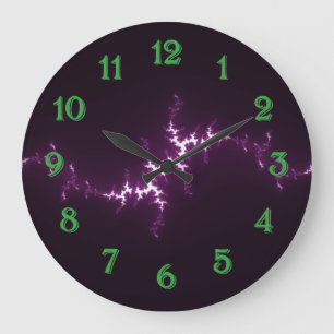 Purple and White Fractal w/Black Background Large Clock