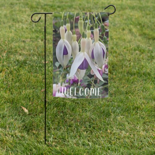 Purple and White Fuchsia Floral Welcome Garden Flag
