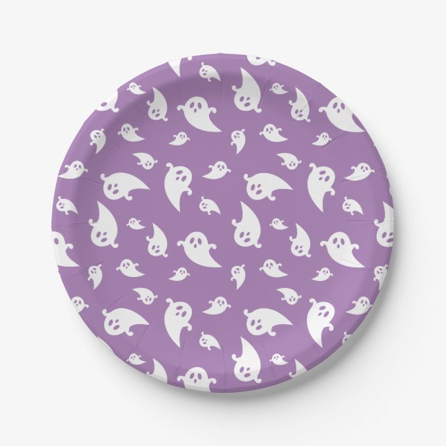 Purple And White Ghost Patter Cute Halloween Paper Plates (Front)