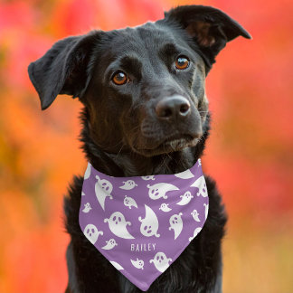 Purple And White Ghost Pattern With Name Halloween Pet Bandana Collar
