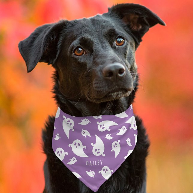 Purple And White Ghost Pattern With Name Halloween Pet Bandana Collar (Creator Uploaded)
