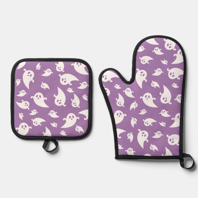 Purple And White Ghosts Pattern Halloween Oven Mitt & Pot Holder Set (Front)