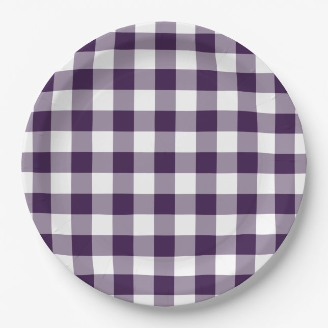 Purple and White Gingham Pattern Paper Plates (Front)
