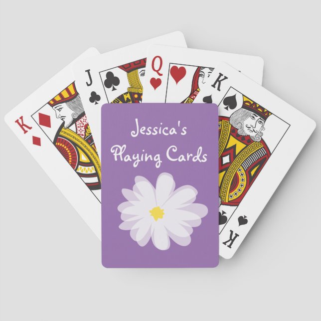 Purple and white girly daisy flower kids Birthday Poker Cards (Back)