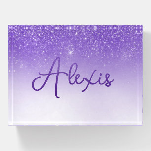 Purple and White Glitter Bling With Name Paperweight