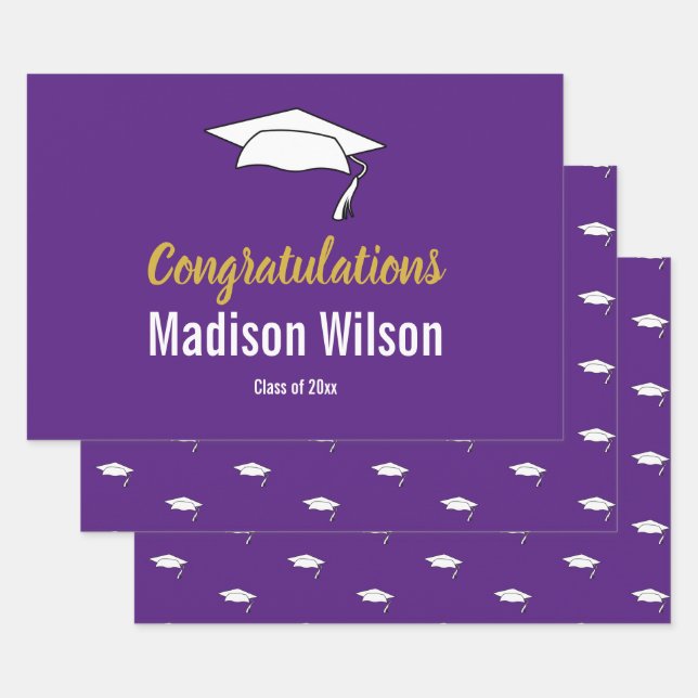 Purple and White Graduation Congratulations Wrapping Paper Sheets (Set)