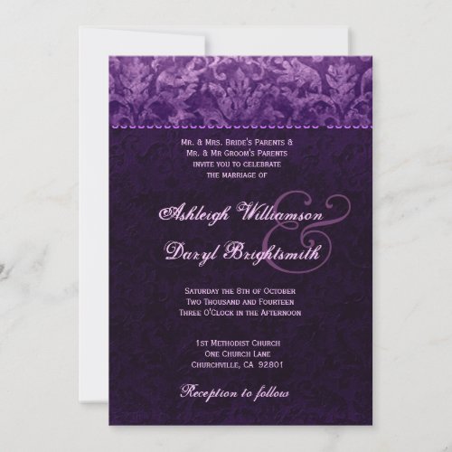 Purple and White Grunge Damask Wedding B733 Personalized Invite