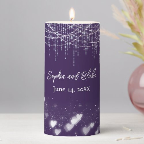 Purple and White Hanging Lights Wedding Pillar Candle