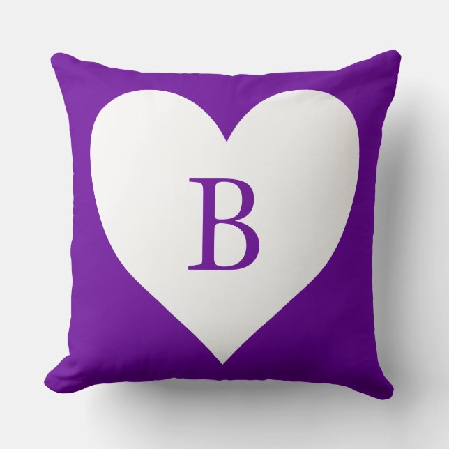 Purple and White Heart Monogram Throw Pillow (Front)