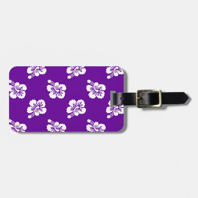 Purple and White Hibiscus Floral Luggage Tag (Front Horizontal)