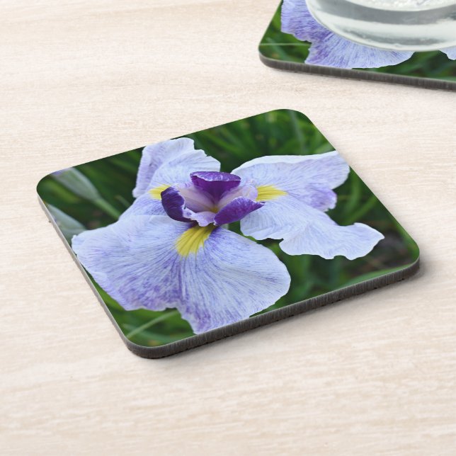 Purple and White Japanese Iris Floral Beverage Coaster (Left Side)