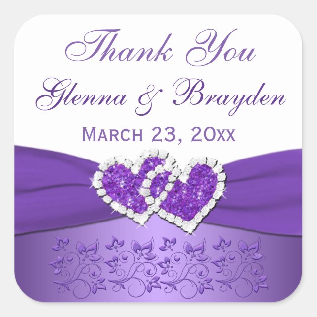 Purple and White Joined Hearts Wedding Sticker (Front)