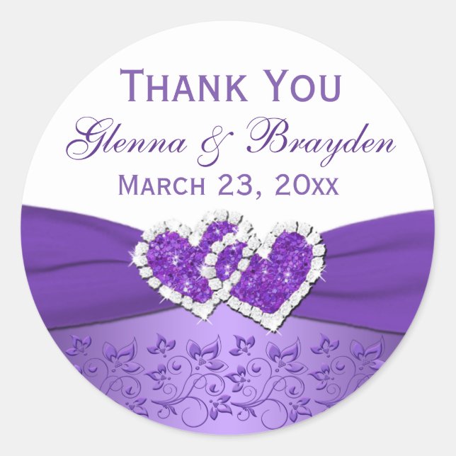 Purple and White Joined Hearts Wedding Sticker (Front)
