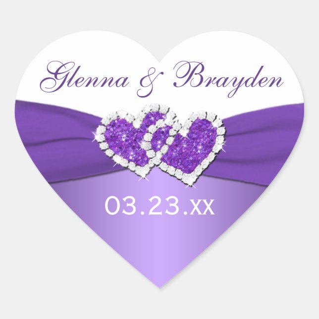 Purple and White Joined Hearts Wedding Sticker (Front)