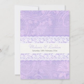 Purple and white lace formal wedding invitation