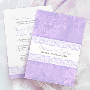 Purple and white lace formal wedding invitation