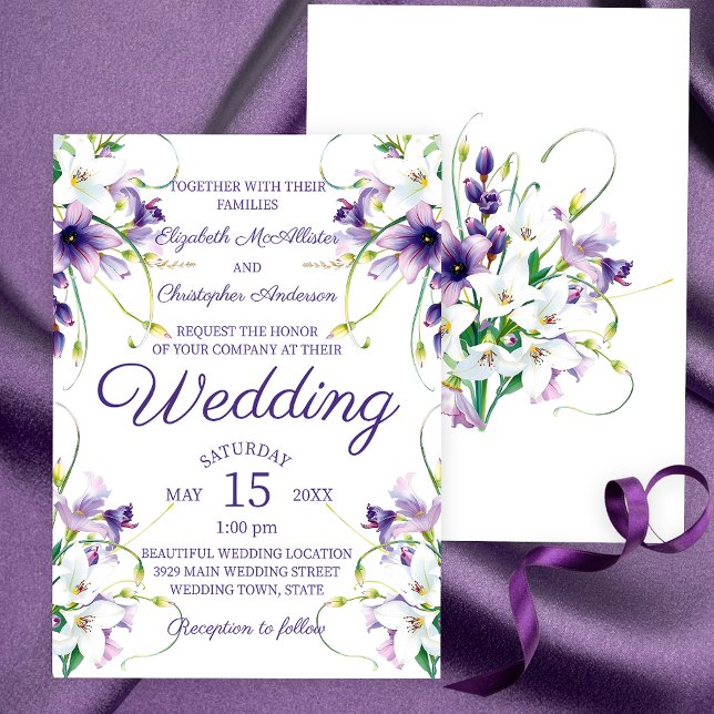 Purple and White Lilies with Green Vines Wedding Invitation (Creator Uploaded)