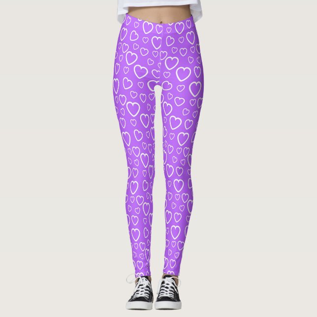 Purple and White Love Hearts Pattern Leggings (Front)