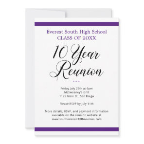 Purple and White Minimalist 10 Year Class Reunion Invitation
