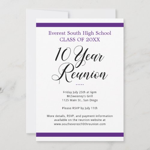 Purple and White Minimalist 10 Year Class Reunion Invitation