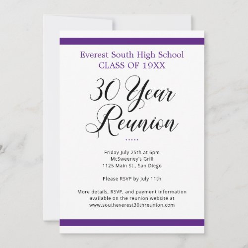 Purple and White Minimalist 30 Year Class Reunion Invitation