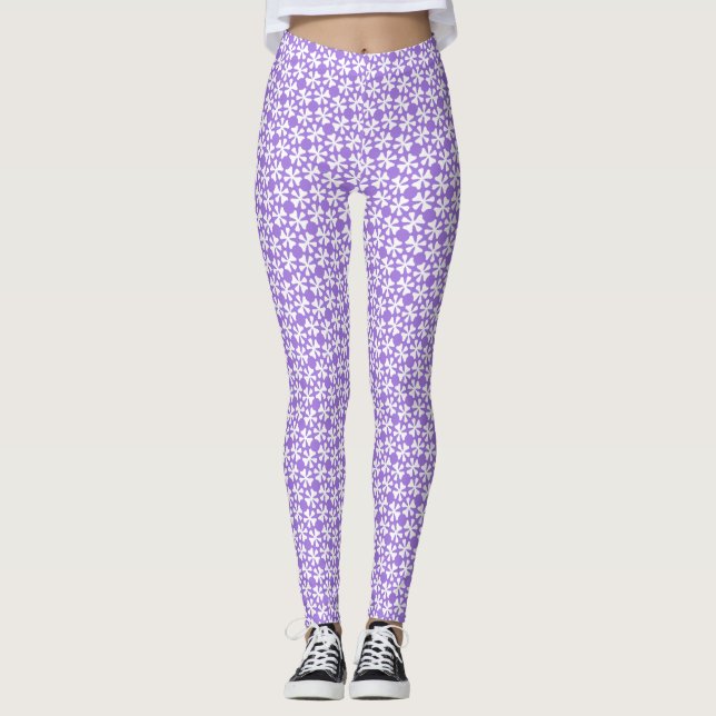 Purple and White Modern Geometric Floral Pattern Leggings (Front)