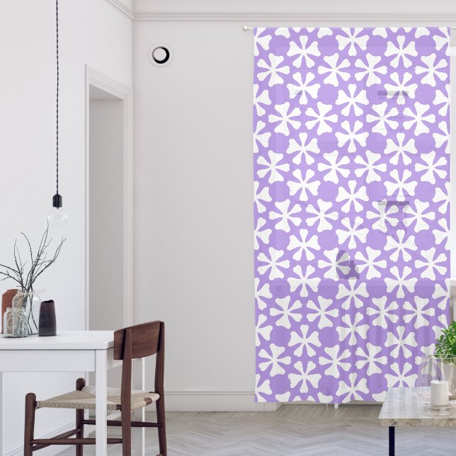 Purple and White Modern Geometric Floral Pattern Sheer Curtains (Living Room)