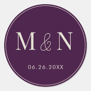 Purple and White Monogram Wedding  Classic Round Sticker