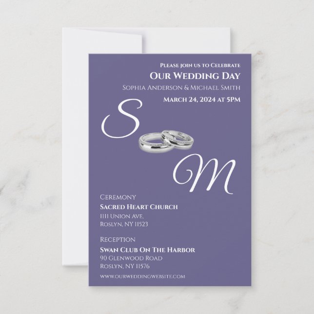 Purple and White-Monogram-Wedding Rings- Invitation (Front)