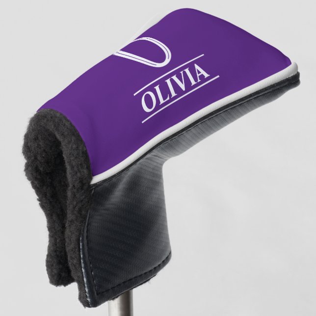 Purple and White Monogrammed Putter Head Cover (3/4 Front)