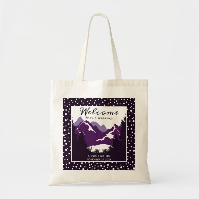Purple and white mountains wedding welcome tote bag (Front)