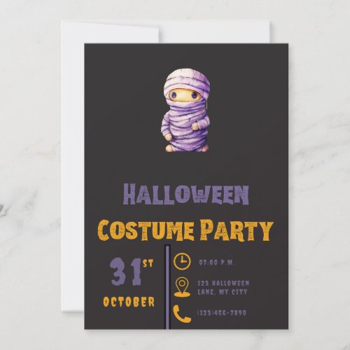Purple and White Mummy Modern Black Halloween Invitation