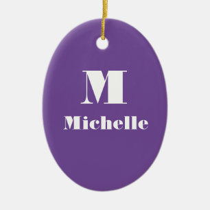 Purple and White Name Initial Letter Solid Color  Ceramic Ornament