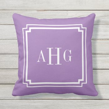 Purple And White Notched Corner Custom Monogram Outdoor Pillow by cardeddesigns at Zazzle