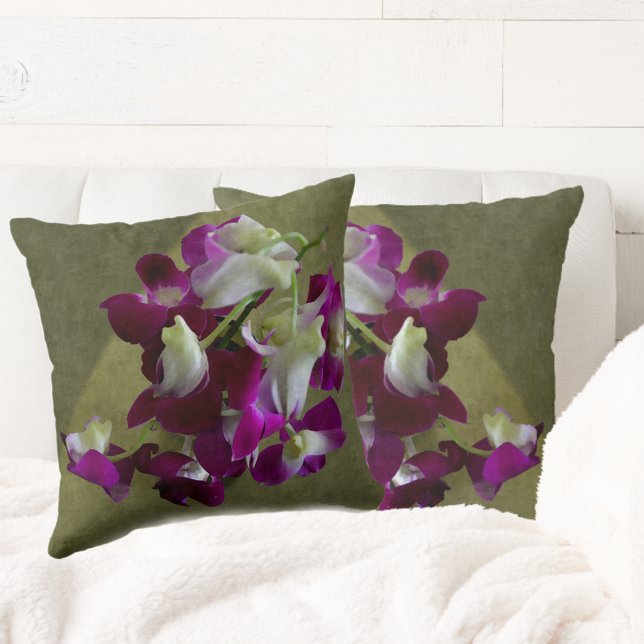 Purple and White Orchids Beautiful Floral Green Throw Pillow (Creator Uploaded)