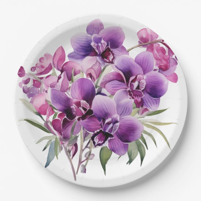 Purple and White Orchids Wedding Paper Plates (Front)