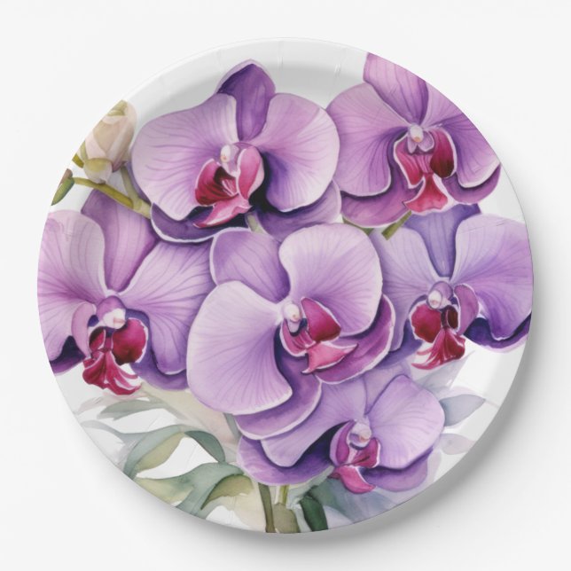 Purple and White Orchids Wedding Paper Plates (Front)