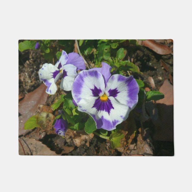 Purple and White Pansies Colorful Floral Doormat (Front)